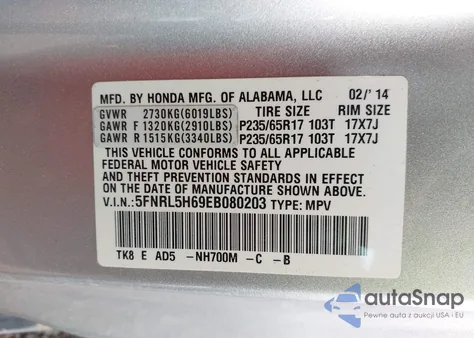 2014 Honda Odyssey Ex-L from USA, damaged, VIN 5FNRL5H69EB080203